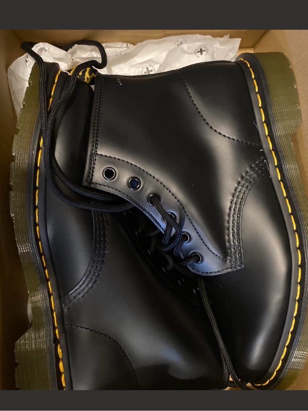 Dr. Martens Black Leather Lace-Up Boots with Yellow Stitching